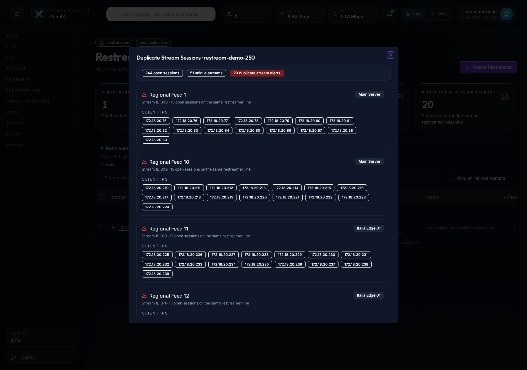 Restreamer duplicate stream alert modal