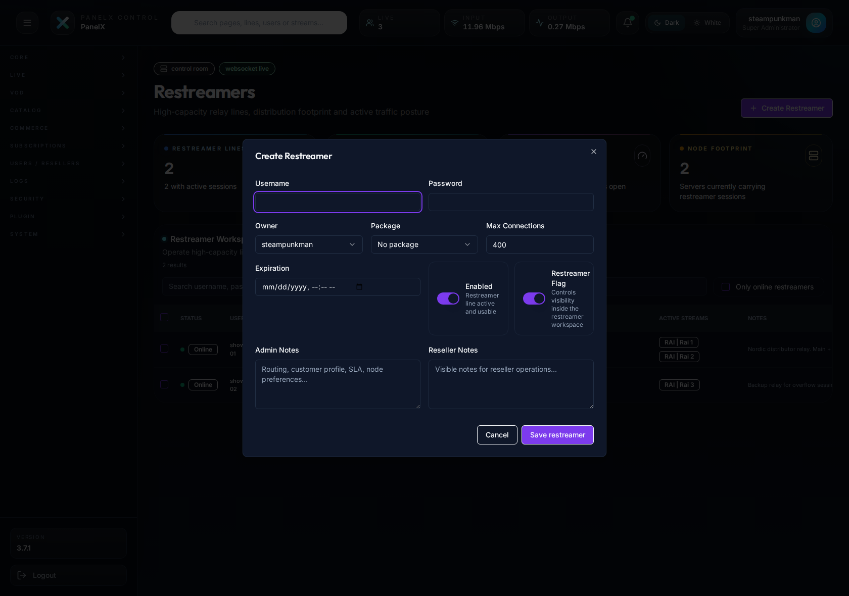 Restreamer creation modal