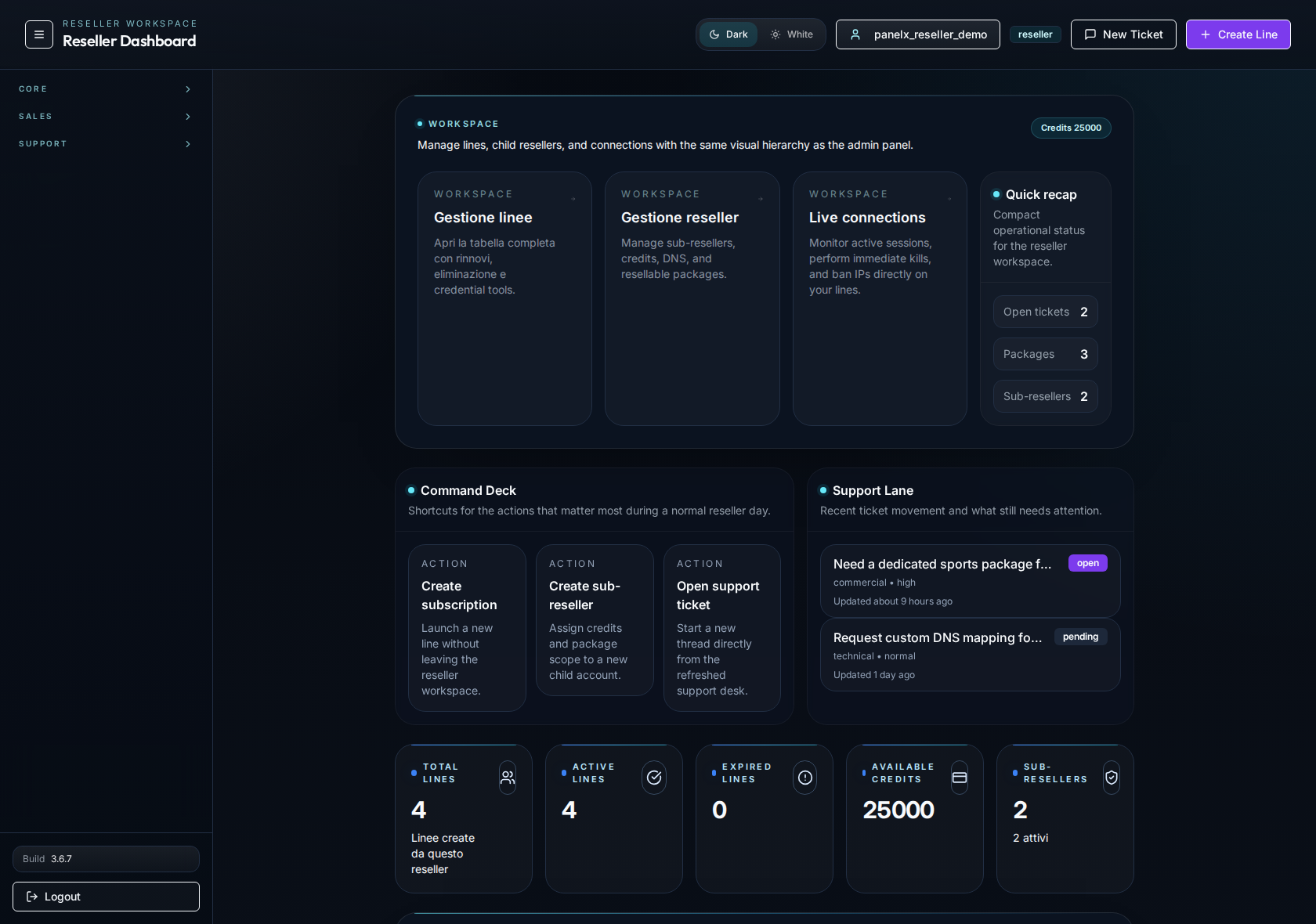 panelX reseller dashboard screenshot